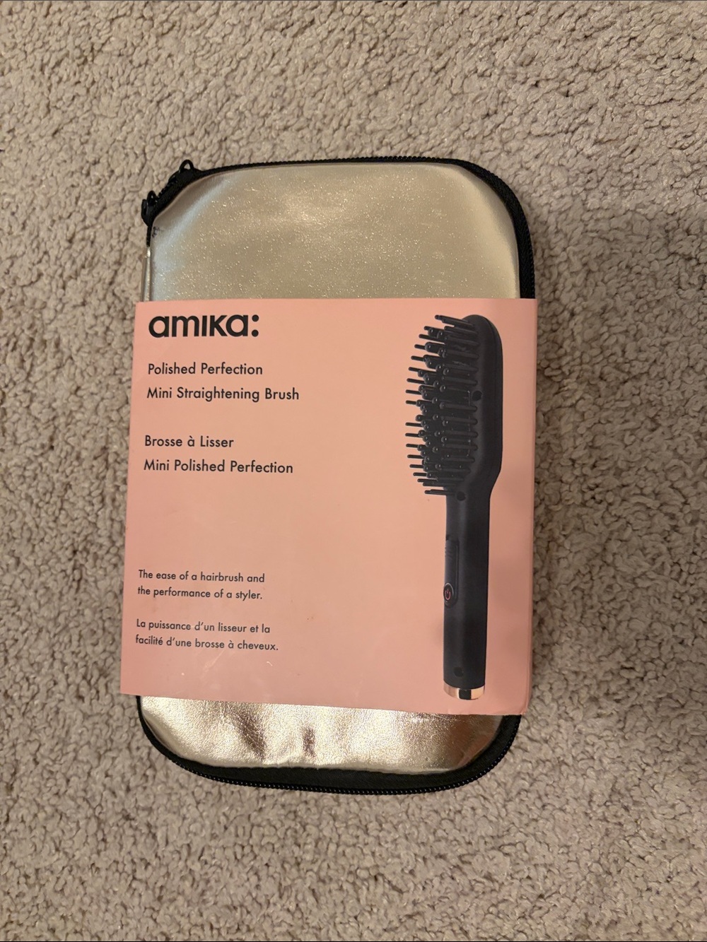 New!! amika Mini Straightening Brush with Pink Sleeve and Gold Pouch